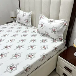 Pure Decor White & Pink Floral 400 TC Queen Bedsheet with 2 Pillow Covers image 3