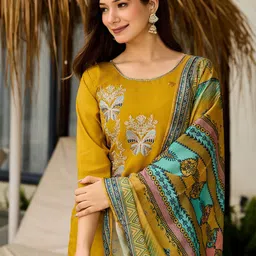 VASTRAHUT Women Ethnic Motifs Embroidered Kurta with Trousers & Dupatta image 2