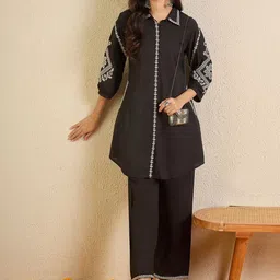 Indo Era Embroidered Pure Cotton Shirt Collar A-Line Tunic & Trousers Co-Ords-picture-39