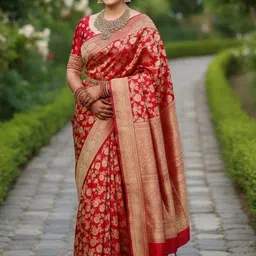 Bindi Fashion Floral Zari Silk Blend Heavy Work Banarasi Saree-image-1