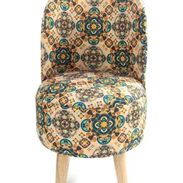 NACIA 2 Pcs Green & Beige Printed Wooden Round Chair & Stool Ottomans image 4