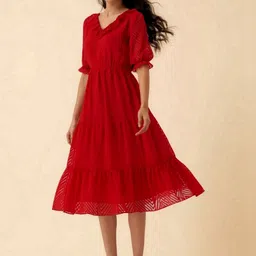 all about you Puff Sleeve Ruffled Crepe Fit & Flare Midi Dress-picture-37