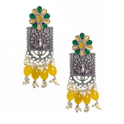 NAMAN ARTS Silver-Plated Artificial Stones Studded And Beaded Square Shaped Drop Earrings image 4