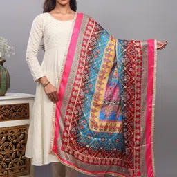 Exotic India Paisley Printed Mirror Work Art Silk Dupatta-picture-18