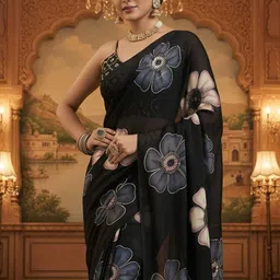 Anouk Rustic Floral Poly Georgette Designer Block Print Saree-image-2