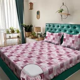 Klotthe Pink Geometric 400 TC Pure Cotton Fitted Double Bedsheet with 2 Pillow Covers-picture-33