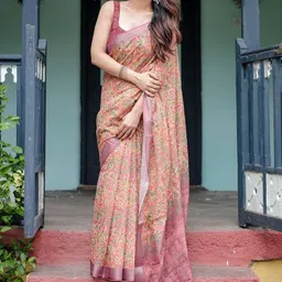 ALMAARI FASHION Ethnic Motifs Printed Pure Linen Banarasi Saree-picture-31