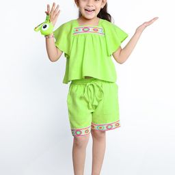 Ministitch Girls Embroidered Square Neck Short Sleeves Top With Shorts-picture-1