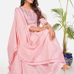 GULMEHAK Women Mirror Work Pure Cotton Anarkali Kurta with Trousers & Dupatta image 2