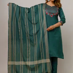 AUZAAI COLLECTION Ethnic Motifs Embroidered Pure Cotton Straight Kurta & Trouser & Dupatta image 1