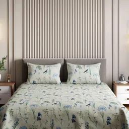 haus & kinder Green & Blue Floral 210 TC King Bedsheet with 2 Pillow Covers image 2