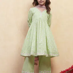 Biba Girls Floral Printed Pleated Pure Cotton Kurta with Palazzos & With Dupatta-picture-12