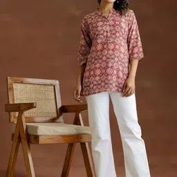 OZIA Women Ethnic Printed Mandarin Collar Regular Top-picture-11