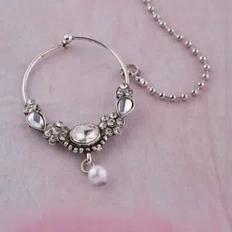 GC PREMIUM JEWELLERY Silver-Plated CZ Studded And Pearls Beaded Oxidised Chain Nosepin image 3