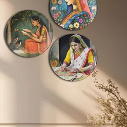 THE QUIRKY HOME 3Pcs White & Yellow Indian Women Theme Printed Ceramic Wall Decors-image-25