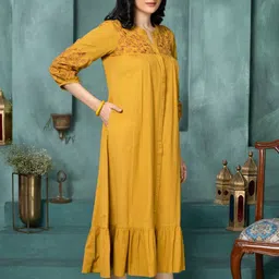 Saffron Threads Ethnic Motifs Embroidered Gathered Schiffli A-Line Midi Dress image 2