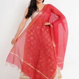 Karthav Fashion Floral Woven Design Chanderi Dupatta With Zari image 5