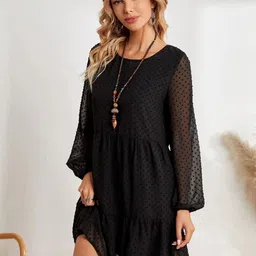 FERY LONDON Self Design Round Neck Puff Sleeves Knee Length Fit & Flare Dress-image-90