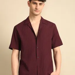 Voroxy Men Smart Cuban Collar Textured Polycotton Casual Shirt-image-26