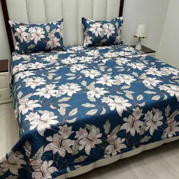 Pure Decor Blue & Beige Floral Polycotton 4 Piece Double King Superfine Bedding Set-image-75