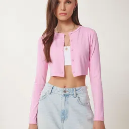 Happiness istanbul Women Round Neck Long Sleeves Crop Cardigan image 2