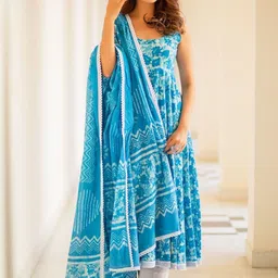 GoSriKi Women Floral Printed Regular Kurta with Trousers & With Dupatta image 1