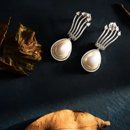 ASMITTA JEWELLERY Rhodium-Plated CZ Studded & Pearls Beaded Contemporary Drop Earrings-image-42