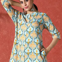 Sangria Ethnic Motifs Printed Mandarin Collar A-Line Kurta image 3