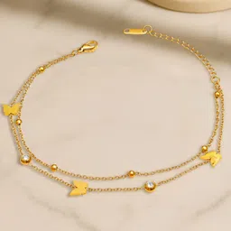Rubans Stainless Steel 18K Gold-Plated Atificial Stones Studded Layered Anklet image 3