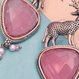 Anouk German Silver-Plated Stones Studded & Pearls Beaded Deer Oxidised Drop Earrings image 2