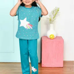 Lagorii Girls Star Printed Night Suit Set - Teal-picture-12