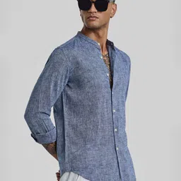 Snitch Men Smart Band Collar Solid Linen Slim Fit Casual Shirt-image-7