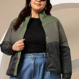 Sztori Plus Size Mock Collar Colorblocked Jacket-image-69