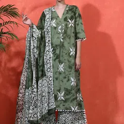 Sangria Floral Printed With Embroidered Details Pure Cotton A-Line Kurta & Trousers-image-97