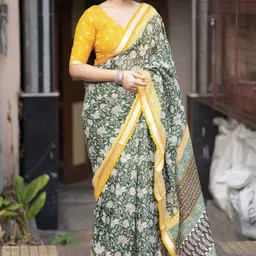 Swaraas Ajrak Print Ikat Saree with Zari Pattu Border-image-6