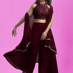 PARROT CREATION Geometric Embroidered Halter Neck Georgette Crop Top With Palazzo & Shrug image 3