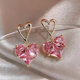 Tiso Gold plated Rhinestone Studded Heart Shaped Korean Drop Earrings-picture-11