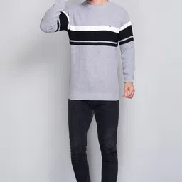 ewools Men Colorblock Round Neck Grey, Black Sweater image 5