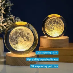 shopogenix 3D Galaxy Crystal Ball Night Lamp,Engraved Ball Night Light,USB Table LED Wooden Night Lamp image 2
