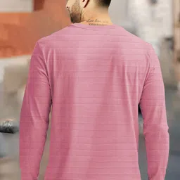 vcanee Men Striped Round Neck Polycotton Pink T-Shirt image 2