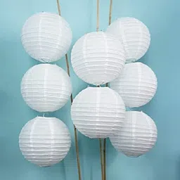 shuang you 10 Pc RoundPaper Hanging Lantern (25 cm X 25 cm, Pack of 10) White Paper Hanging Lantern image 1