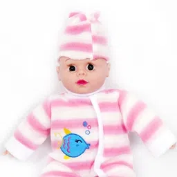 babuniya Soft Baby Doll Pink Striped Dress with Hat – Realistic Face, Cuddly Toy for Kids image 1