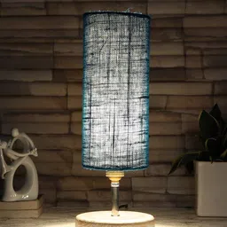 Devansh Turquoise Blue & White Textured Jute Table Lamp With Wood Base image 5