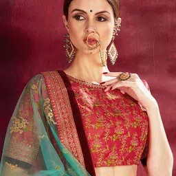 FABPIXEL Pink & Green Embroidered Semi-Stitched Lehenga & Unstitched Blouse With Dupatta image 2