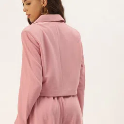 Zastraa Women Pink Notched Lapel Collar Cropped Blazer image 3
