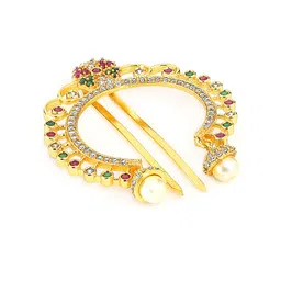 Yellow Chimes Women Gold-Plated Red American Diamond Studded Bun Pin image 3