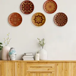nestroots Mustard Yellow & Maroon 5 Pieces Ethnic Motifs Printed Ceramic Wall Plates-picture-33