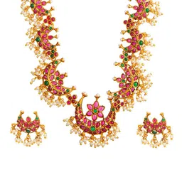 Shining Jewel - By Shivansh Gold-Plated Pink Brass Stone Studded Jewellery Set image 2