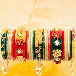 Zindura Set of 2 Gold-Plated Artificial Stone-Studded & Beaded Chuda Bangles With Hangings-picture-16