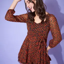Berrylush Black Floral Printed Sweetheart Neck Tie Up Layered Playsuit-image-40